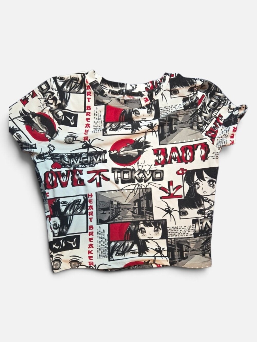 Graphic Anime-Print Kids Crop Tee - Red, Black & White